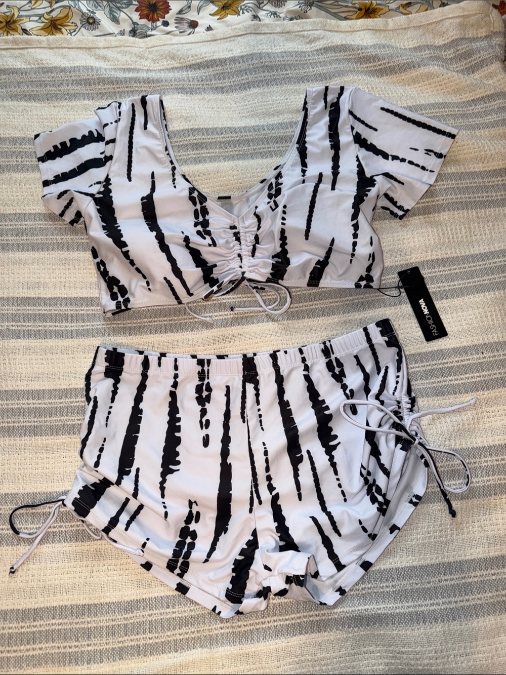 Fashion Nova Black & White Striped Ruched Tie-Front Bikini Set with Shorts